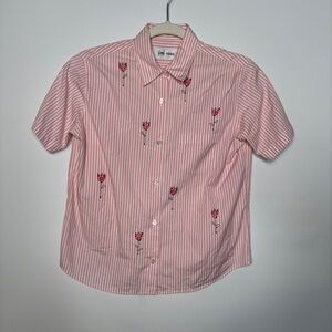 Jimi Roos Pink Striped Embroidered Tulip Short Sleeve Collared Shirt Size Small